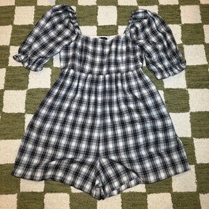 VICI Puff Sleeve Plaid Romper